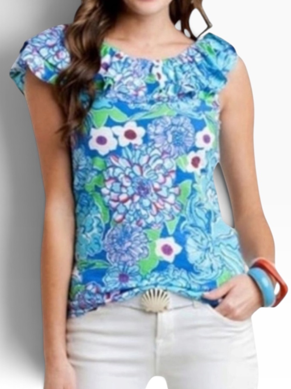 Lilly Pulitzer "Wynne" Ruffle Shoulder Top in "May Flowers" Print XS
